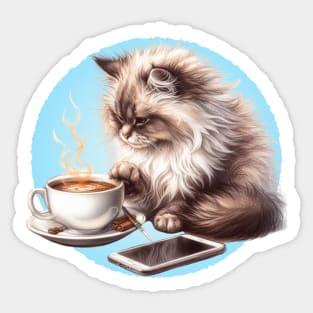 Fluffy Cat with Coffee and Phone Sticker